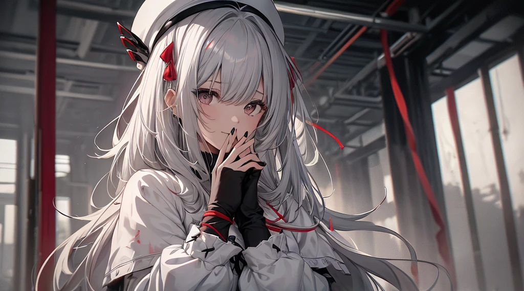 top-quality、Top image quality、tmasterpiece、girl vs.......((18yr old、White dress、best bust、Bust 85、A white-haired woman、Long gray hair、grey-eyed、red string,Black nails,we open our hearts、Happy、return blood))high high quality、visual art、Background with((Black and white world))、Kurosawa film style