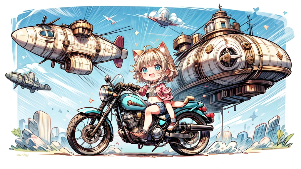 steampunk、Chibi character riding a motorcycle、Dynamic pose、look up、short hair、Cat ear、Flying Airship, Full of air,One girl、Big smile、Blonde Hair、Short Hair、Inner curls、Pink hoodie、Denim shorts、Black sneakers_No socks、Turquoise Eyes、Belly button、I see my stomach