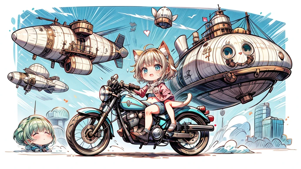 steampunk、Chibi character riding a motorcycle、Dynamic pose、look up、short hair、Cat ear、Flying Airship, Full of air,One girl、Big smile、Blonde Hair、Short Hair、Inner curls、Pink hoodie、Denim shorts、Black sneakers_No socks、Turquoise Eyes、Belly button、I see my stomach
