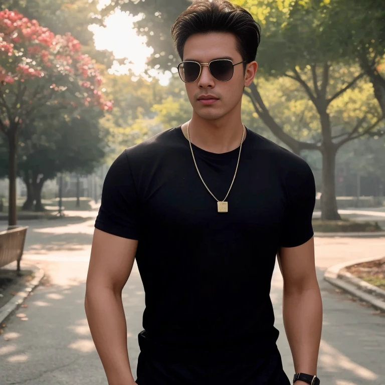 Close-up of a Southeast Asian man with a round face., black eyes, staring at the viewer, morning sun, ((face details)), Double eyelids, realistic, Masterpiece, Highest quality, lens flare, shade, [[Chromatic aberration, digital painting, 8K, 45,000,000,000 pixels,, t-shirt, long hair,black eyes,abdominal muscles, The body is beautiful and strong., Curved chest, (digital painting, HDR, high contrast