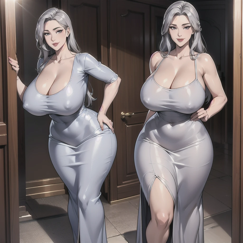 1girl, solo, straight hair, long hair, silver hair, silver eyes, tube dress, silver dress, silver high heels, silver purse, mature female, milf, motherly, huge breasts, wide hips, curvy, dressing room, looking at viewer, hand on hip, seductive smile