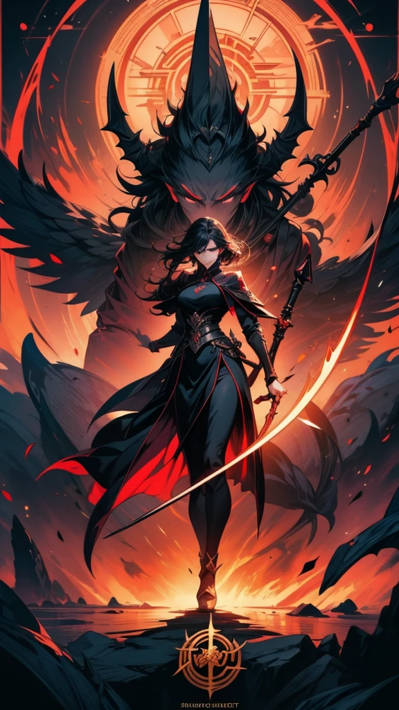 Holding a sickle、Close-up of a woman standing on a scythe, Jan J, Kschaert Krentz Key Art Feminine, Dark Sorceress Full View, Written by Ku Lei Lei, by Zhou Chen, Dark magician full body pose, Jan Jin, by Han Gan, Magnificent and elaborate character art, by Shen Zhou, Dark fantasy art