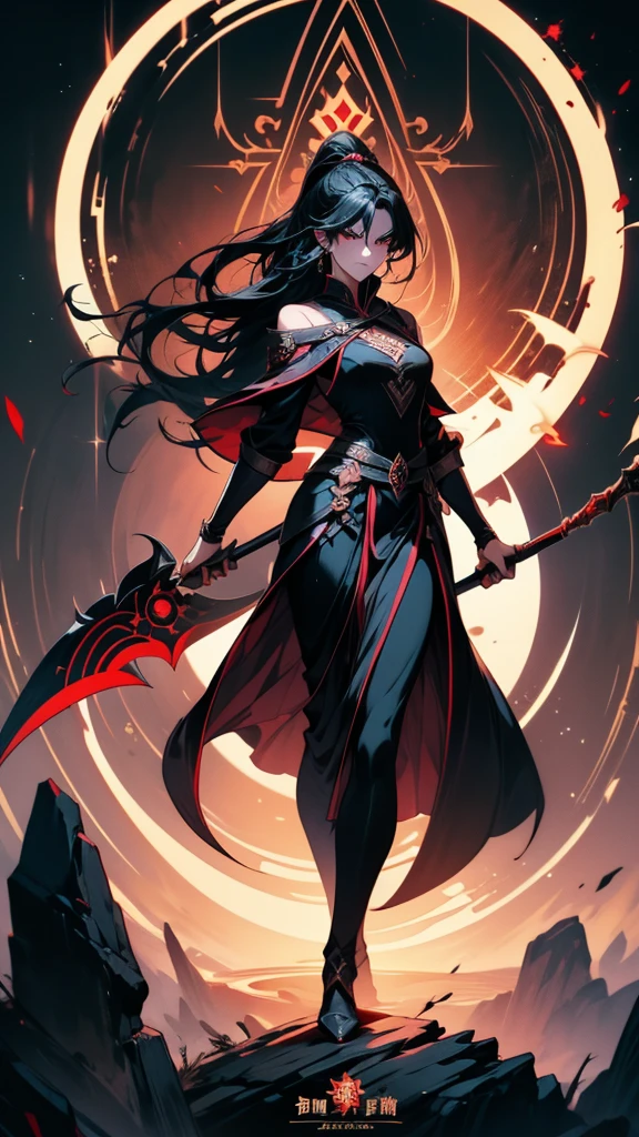 Holding a sickle、Close-up of a woman standing on a scythe, Jan J, Kschaert Krentz Key Art Feminine, Dark Sorceress Full View, Written by Ku Lei Lei, by Zhou Chen, Dark magician full body pose, Jan Jin, by Han Gan, Magnificent and elaborate character art, by Shen Zhou, Dark fantasy art