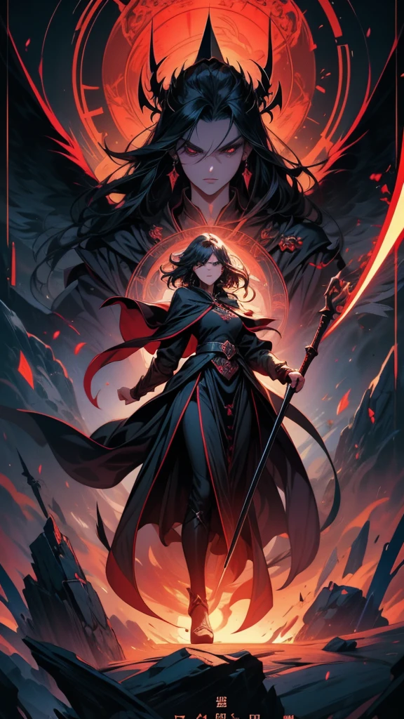 Holding a sickle、Close-up of a woman standing on a scythe, Jan J, Kschaert Krentz Key Art Feminine, Dark Sorceress Full View, Written by Ku Lei Lei, by Zhou Chen, Dark magician full body pose, Jan Jin, by Han Gan, Magnificent and elaborate character art, by Shen Zhou, Dark fantasy art