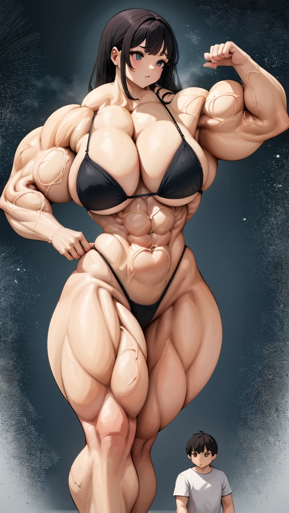 Woman in black bikini and small man in white shirt, weak and small man, thin and small physique, Very beauthful. , ,weak and defenseless man, small physique, , muscular ultraviolent woman, muscular and scary, absurdly huge physique, big muscles, extremely muscular woman, lifting on the pe, raising the leg , leg up,