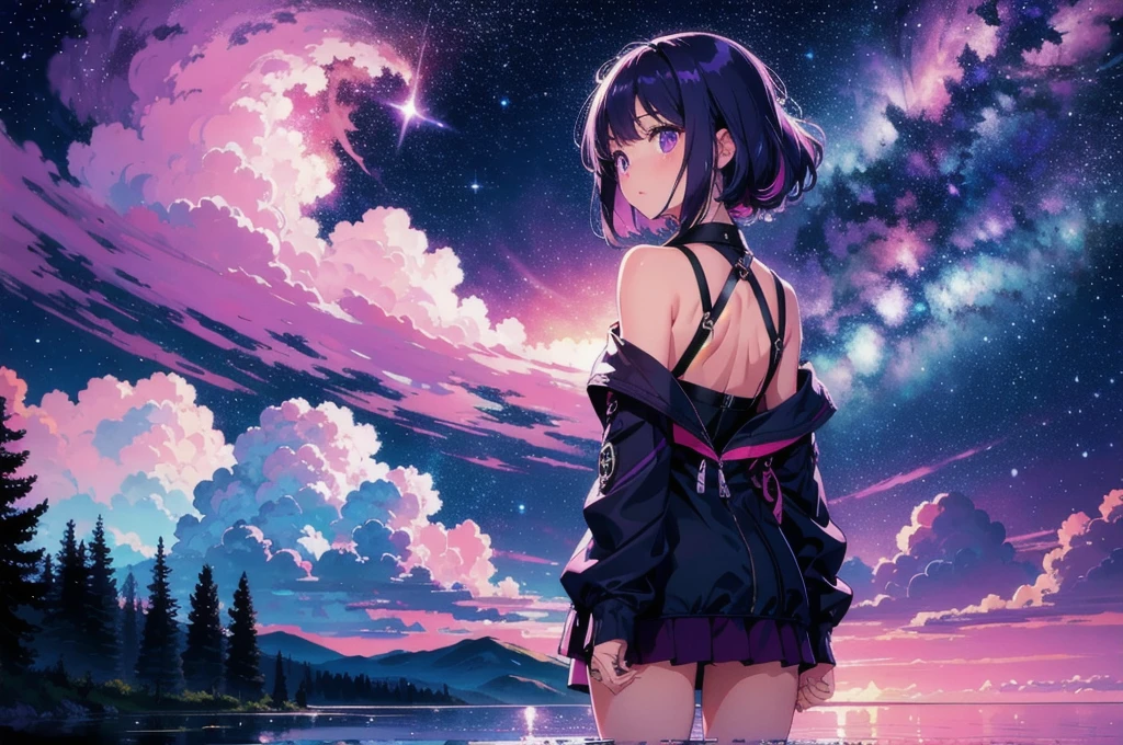 "A mesmerizing scene the night sky, a girl looking at it, from behind, (girl focus0.6), bathed in the purple,pinkish hues of moonlight and cloud, emanating a vibrant and awe-inspiring spectrum. Masterpiece."