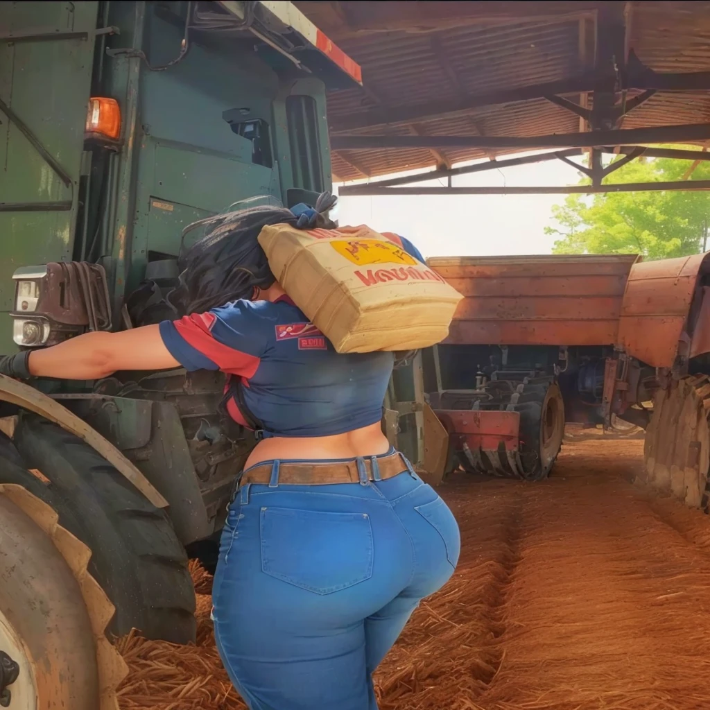 Araffes in a barn with a tractor and a woman in a blue shirt, wearing farm clothes, 🐎🍑, on a farm, 30-year-old woman from cuba, carla ortiz, curving, 1614572159, thick things, (sfw) safe for work, wearing dirty overalls