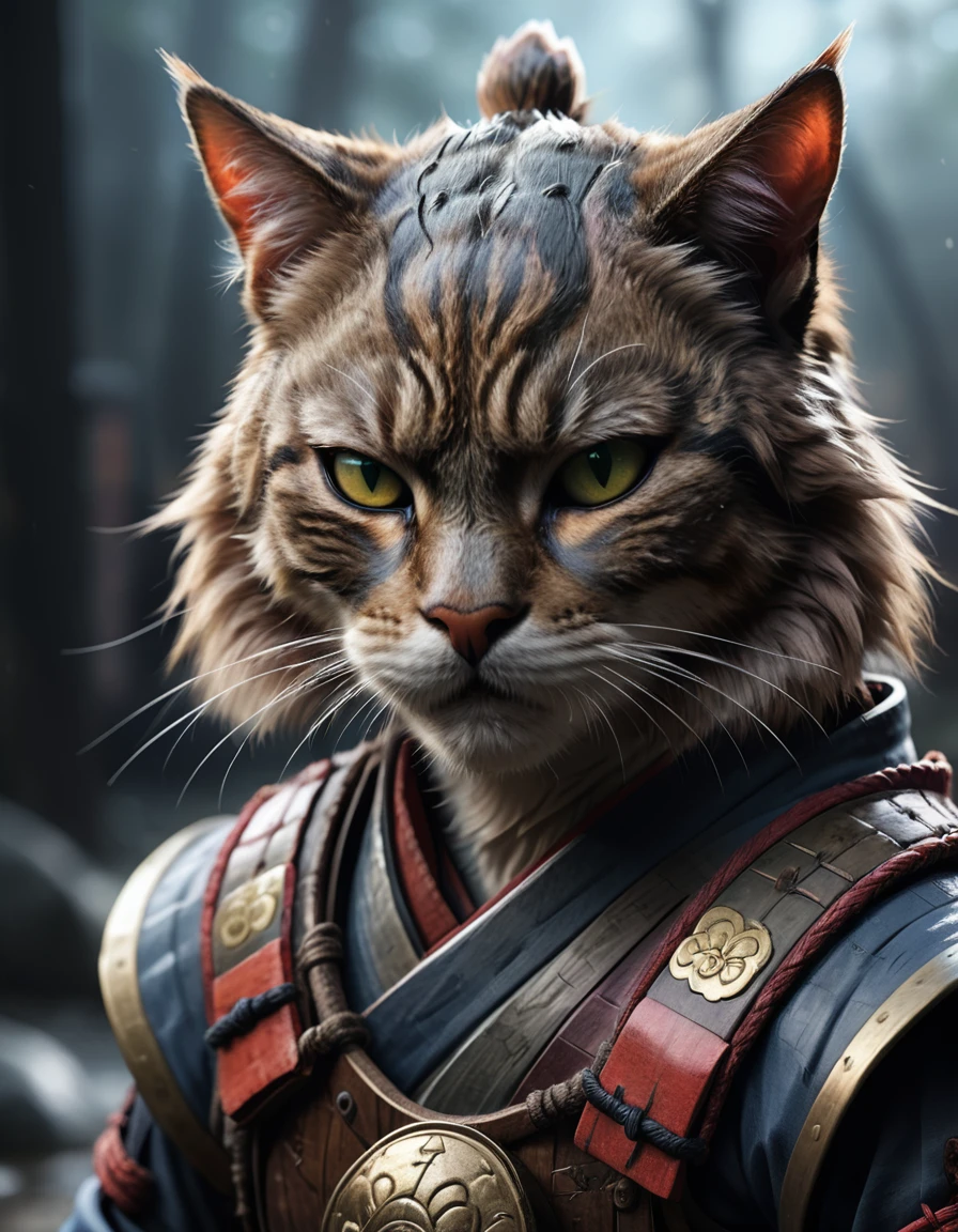 (closeup photo cinematic),a samurai cat, battlefield,  2D, colorful, dark atmosphere