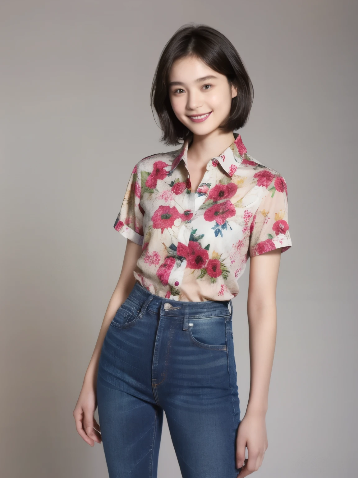 251 (An 18-year-old female and an 18-year-old male), (short hair),kind, lipstick, (jeans), (FloralTshirt), smile