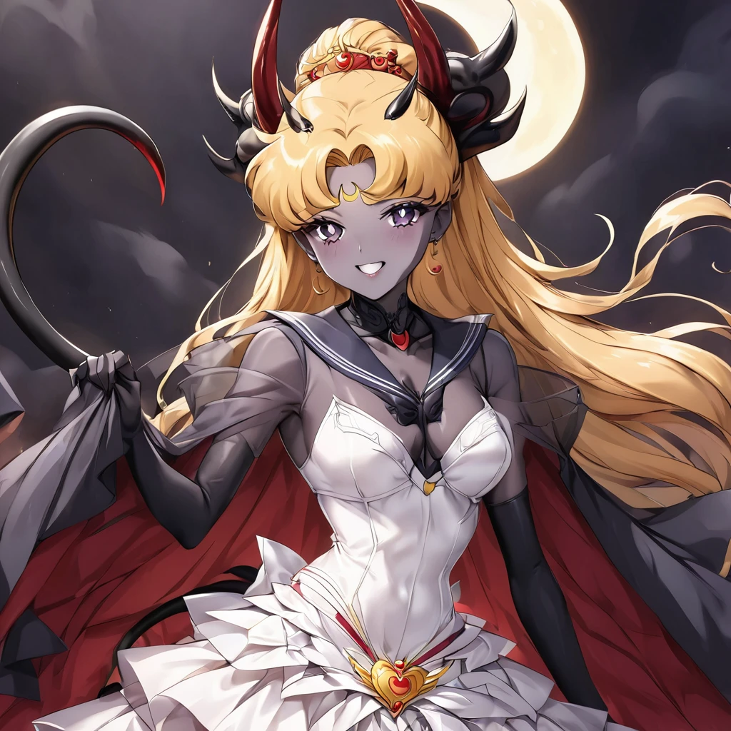 ((Highest quality)), ((masterpiece)), (detailed), （Perfect Face）、The woman is the bride of the Demon King, the Dark Queen of the Black Moon of the Black Moon Clan, the Demon Queen Black Serenity, and the woman is the jet-black, sexy demon princess Serenity.、The woman is a jet-black female demon with magnificent devil horns, jet-black devil wings, and a jet-black tail. Her skin is jet-black and she has a black inverted crescent moon mark on her forehead. She is a demon bride wearing a see-through Gothic Victorian wedding dress that shows off her gorgeous black skin, a black wedding veil, and a black see-through cape. She is the jet-black demon Princess Serenity, and has blonde hair that looks happy as she looks at the camera.２The expression of a girl in love with her long hair tied up、Woman is Black Serenity、Punishment pose on behalf of the moon