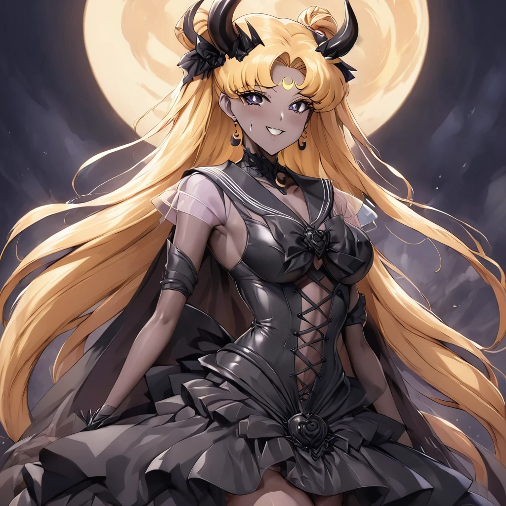 ((Highest quality)), ((masterpiece)), (detailed), (Perfect Face)、The woman is the bride of the Demon King, the Dark Queen of the Black Moon Clan, the Demon Queen Devil Sailor Moon, and the woman is a sexy female demon with jet black skin, Devil Sailor Moon.、The woman is a jet-black female demon with magnificent devil horns, jet-black devil wings, and a jet-black tail, her skin is jet-black, and she has a black inverted crescent moon mark on her forehead, and her gorgeous black skin is visible through her black see-through Lolita Gothic Victorian wedding dress, a black wedding veil, and a black see-through cape. She is a devil bride, a jet-black demon named Devil Sailor Moon, and has blonde hair, looking at the camera with a happy expression.2The expression of a girl in love with her long hair tied up、Woman is Devil Sailor Moon