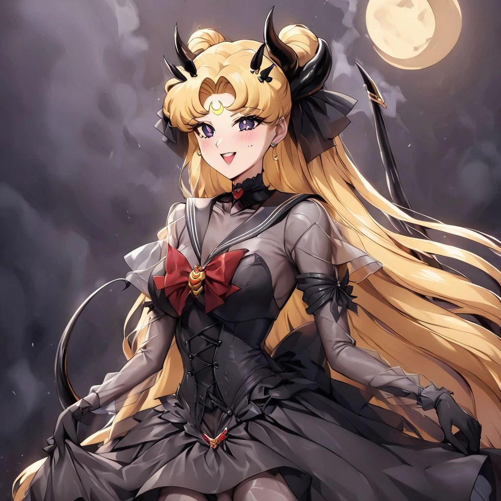 ((Highest quality)), ((masterpiece)), (detailed), （Perfect Face）、The woman is the bride of the Demon King, the Dark Queen of the Black Moon Clan, the Demon Queen Devil Sailor Moon, and the woman is a ???? female demon with jet black skin, Devil Sailor Moon.、The woman is a jet-black female demon with magnificent devil horns, jet-black devil wings, and a jet-black tail, her skin is jet-black, and she has a black inverted crescent moon mark on her forehead, and her gorgeous black skin is visible through her black see-through Lolita Gothic Victorian wedding dress, a black wedding veil, and a black see-through cape. She is a devil bride, a jet-black demon named Devil Sailor Moon, and has blonde hair, looking at the camera with a happy expression.２The expression of a girl in love with her long hair tied up、Woman is Devil Sailor Moon