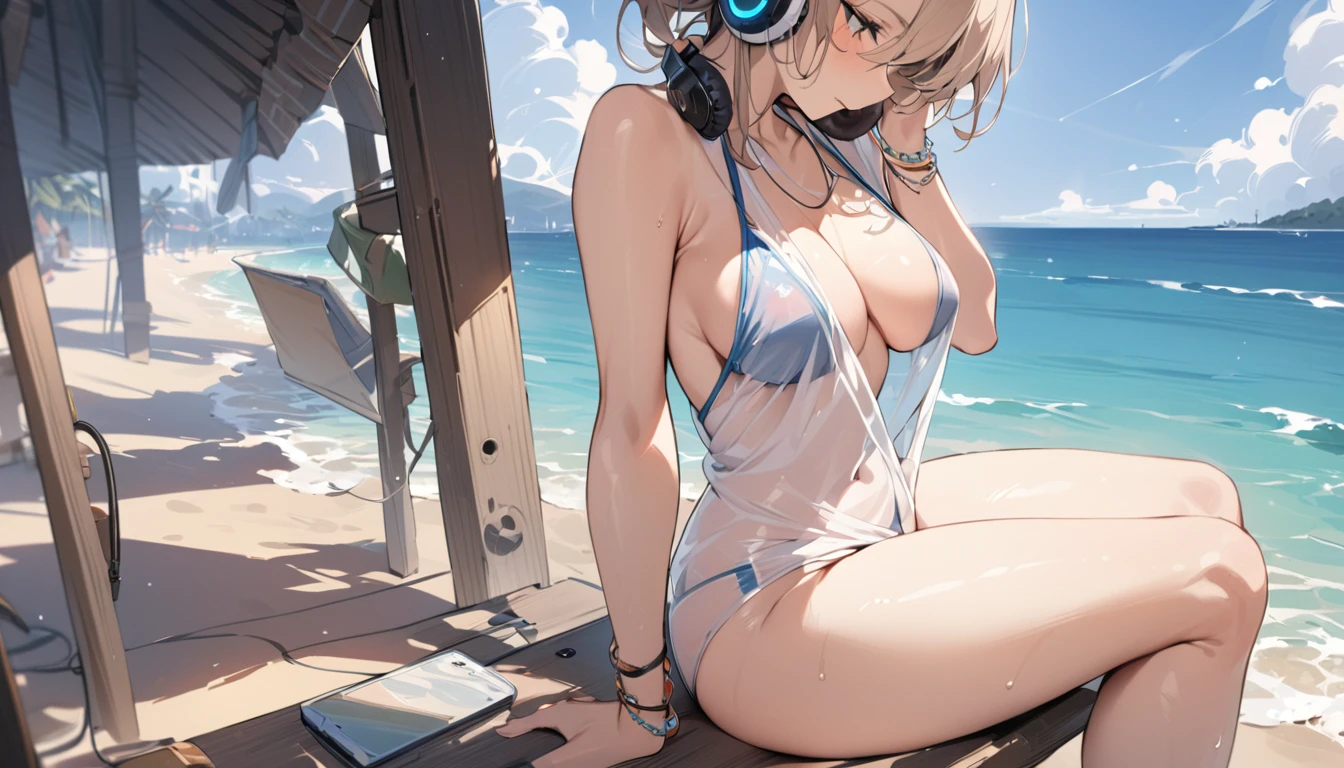 ((Top Quality)), ((Masterpiece)), ((Details)), perfect face, perfect body, sitting on the beach, listening to music, wearing headphones, wearing swimsuit, swimsuit transparent, tight with buttocks and breasts exposed Woman with clothes on and face visible