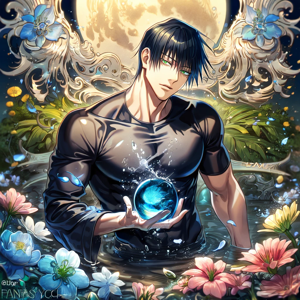 absurdres, highres, ultra detailed, HDR, master piece, Fushiguro Touji, black straight hair, expressive green eyes, black tight shirt, Jujutsu Kaisen, sexy man, handsome, best quality, blue moon, flowers, fantasy, magical, solo, water, blue shining fireflies, blue petals, toned chest
