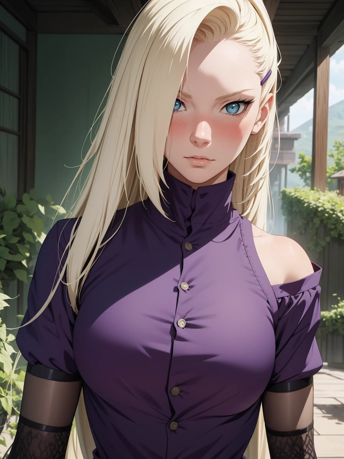 {-erro_de_anatomia:1.0} estilo anime, Masterpiece, absurdities, Yamanaka Ino\(Naruto\), 1girl Solo, woman, Perfect composition, Detailed lips, Beautiful face, body proportion, Blush, Long blonde hair, blue eyes, purple blouse, purple pant, Soft gauze, Super realistic, Detailed, photo shoot, Realistic faces and bodies, masterpiece, best quality, best illustration, hyper detailed, 1 woman, solo, glamorous, blushing, upper body, fighting, on nature, look at the view, dimanic poses,