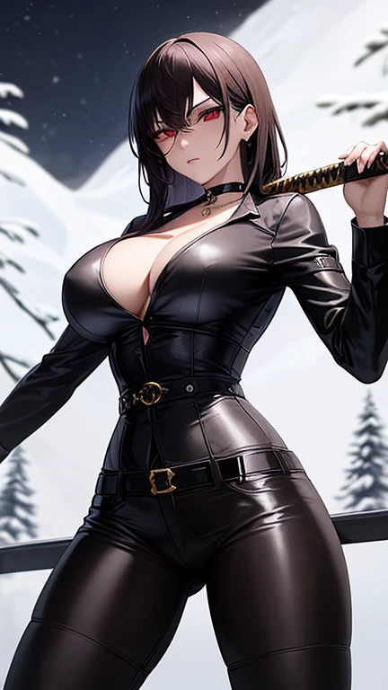 1 woman, woman fighting two zombies, High school girl swordsman, holds a katana in his right hand, long black hair, beautiful eyes, detailed eyes, Red eyes, choker:1.6, captivating look, wearing a white long-sleeved button-down shirt, belt、leather　Brown　corset　chain, golden decoration、leather　濃いBrown, big breasts, shiny black tight leggings, Snowy forest, snow night, Dark, Moonlight, absurd, high resolution, ultra-sharp, 8k, Masterpiece, front view, looking at the viewer