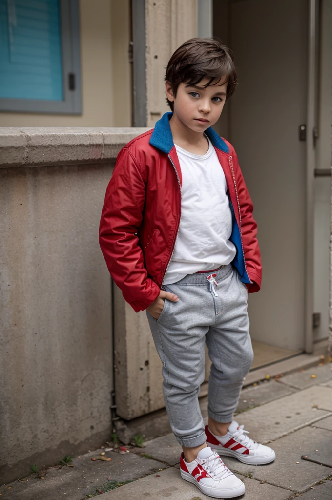 a boy wearing a red jacket, white underwear, blue eyes, gray pants, red and blue shoes