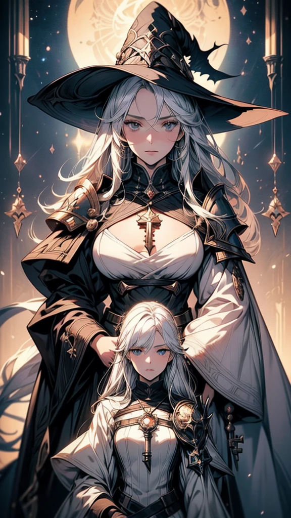 a close up of two women in costumes with swords and hats, from arknights, shadowverse style, beautiful celestial mage, artbook artwork, from bravely default ii, white haired deity, astri lohne, high detailed official artwork, lunar themed attire, granblue fantasy, marisa kirisame, detailed key anime art, cushart krenz key art feminine