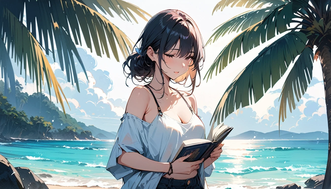 (masterpiece, Highest quality:1.2), 1 Girl, alone,Eyes open,I have a book,Tropical atmosphere,Ocean