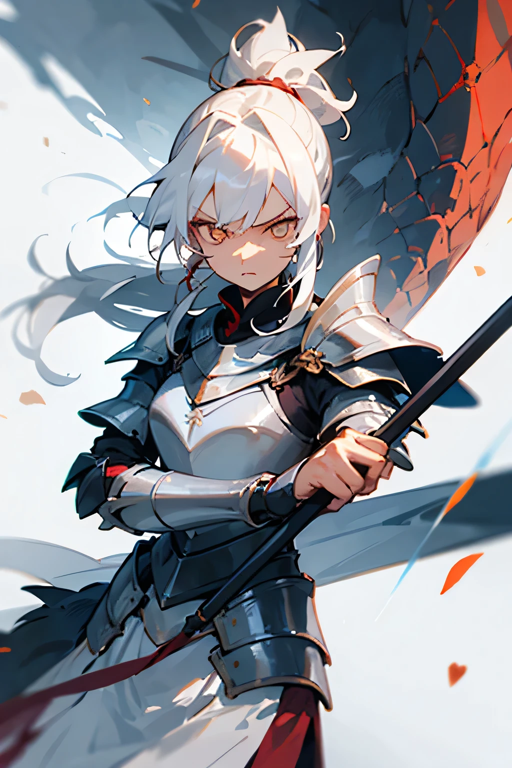 Woman, female, White eyes, White hair, long hair, hair tied into ponytail, wearing armor, holding a lance, polearm, sharp pupils, Dragon scales, serious Expression, concentrated