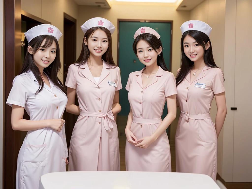 Three beautiful women、15 years old 、Upper Body、Waist、Lady、80mm lens、Highest quality、Small breasts、Small Breasts、Are thin、Luxury、smile、Reception、Nurse uniform center nude、Three nurses