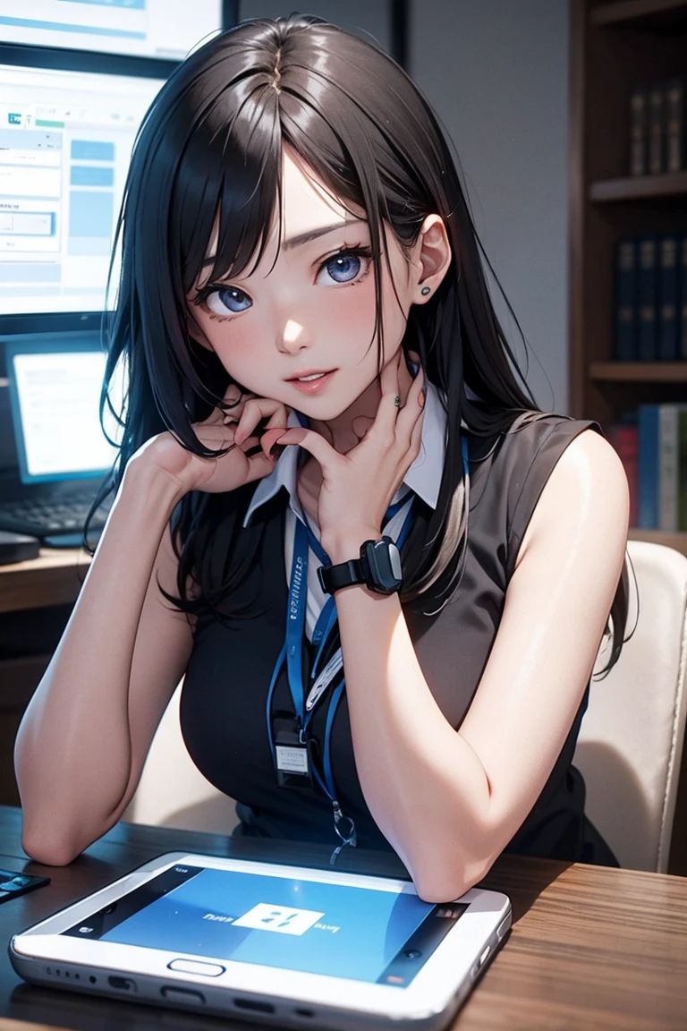 The office district of the near future、Office worker using wrist-mounted smartphone。Beauty OL,Hologram displayed from a smartphone attached to the wrist、
