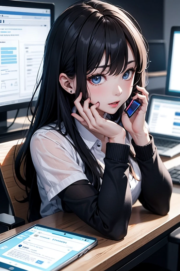 The office district of the near future、Office worker using a smartphone mounted on his arm。Beauty OL,Holograms displayed from a smartphone on your arm、