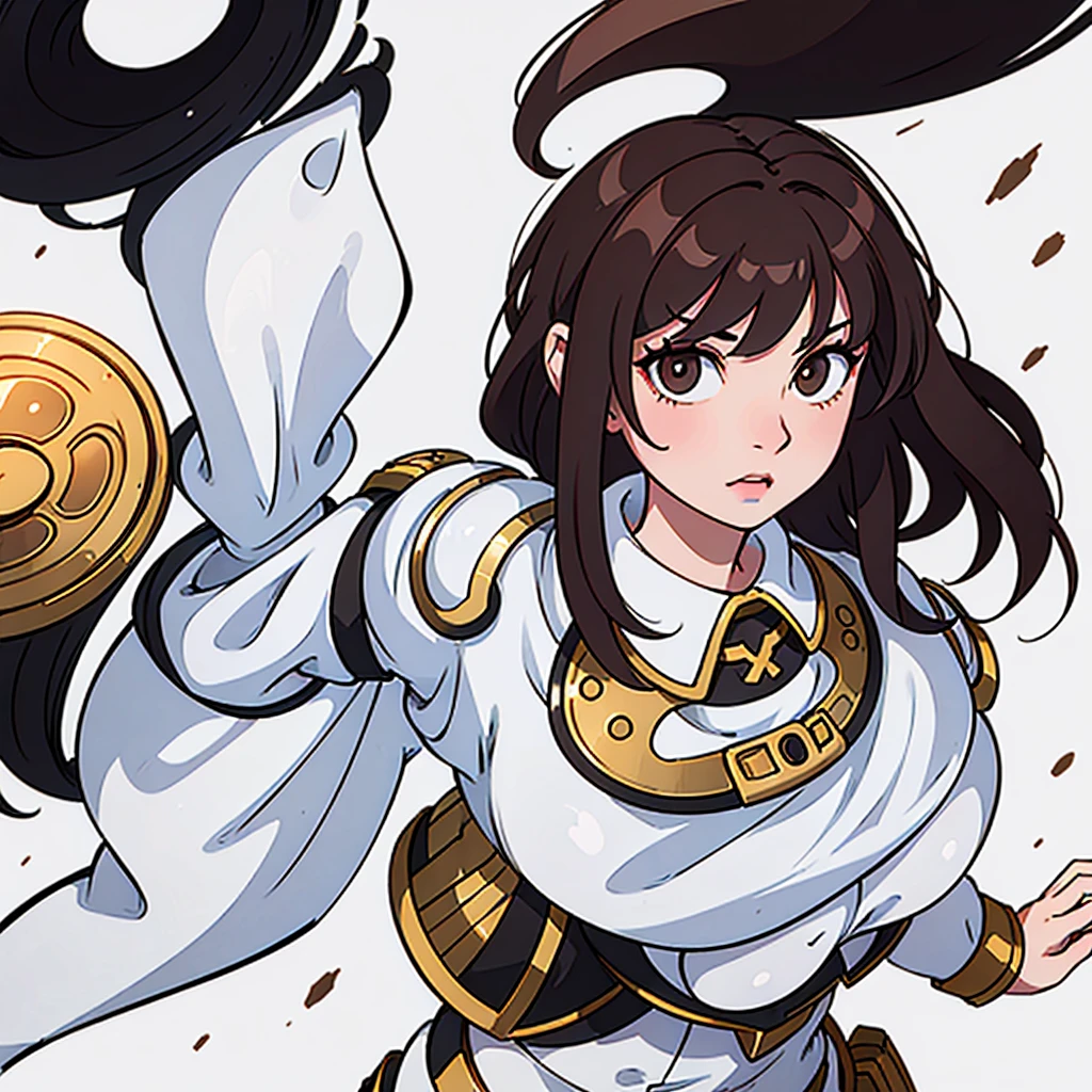 girl with brown hair, white skin and voluptuous body wearing shiny armor 