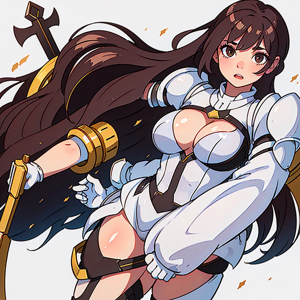girl with brown hair, white skin and voluptuous body wearing shiny armor