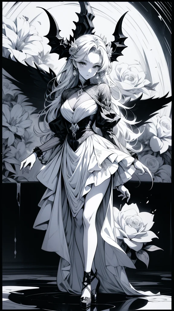 Close-up of a woman wearing a black and white dress and flowers, Devil Anime Girl, Black and white manga style, Anime Style 4 k, Anime Styled, Anime Style artwork, Anime Styled digital art, Inspired by anime, Black and white manga, Anime Style. 8K, Anime Style, Digital anime art, Stunning Anime Face Portraits, Anime characters; Full Body Art