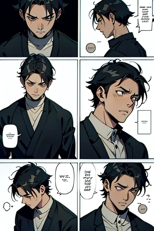  Guy with short black hair crying dramatically, manga page with panels and dialogue    