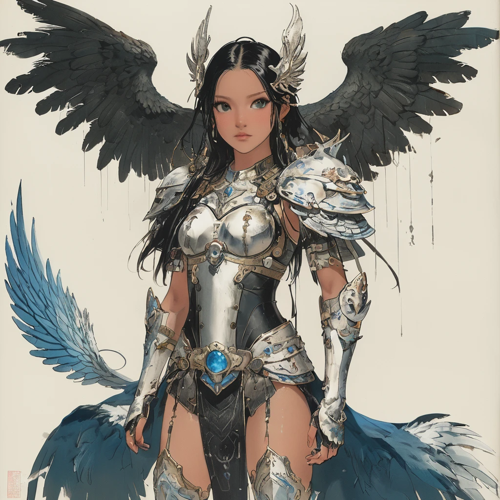 Masterpiece, Highest quality)), Detailed face, character design sheet， full bodyesbian, Full of details, frontal body view, back body view, Anime, 1 winged black-skinned girl, Ebony skinned, mega ponytail hairstyle, pure white hair, Sea BLUE eyes, busty, valkyrie's winged helmet, white valkyrie's armor, pit black Long large skirt, white gauntlets, white Boots, Ebony skin, serious face, large wings, action pose, extremely Large wings