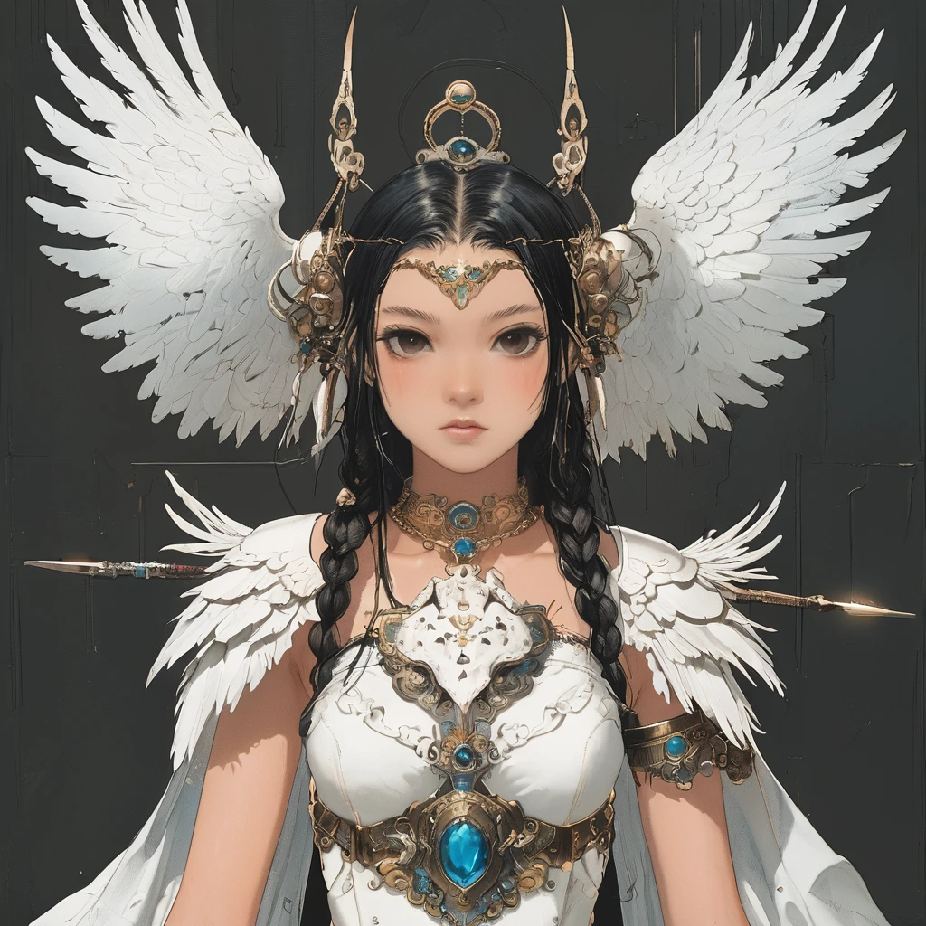 Masterpiece, Highest quality)), Detailed face, character design sheet, full bodyesbian, Full of details, frontal body view, back body view, Anime, 1 winged black-skinned girl, Ebony skinned, mega ponytail hairstyle, pure white hair, Sea BLUE eyes, busty, valkyrie's winged helmet, white valkyrie's armor, pit black Long large skirt, white gauntlets, white Boots, Ebony skin, serious face, large wings, action pose, extremely Large wings