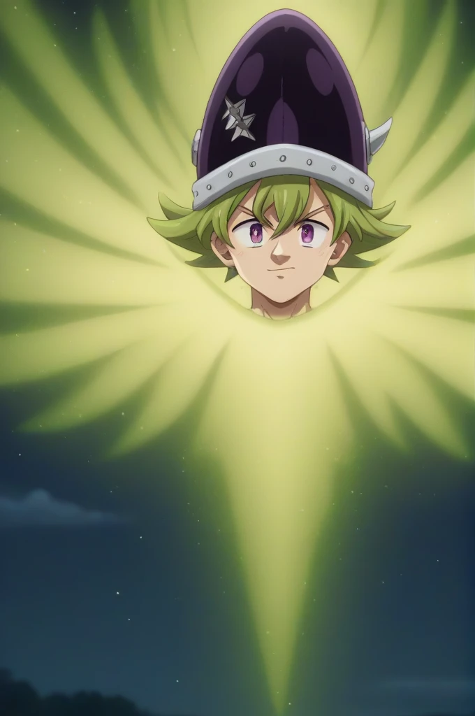 score_9, score_8_up, score_7_up, source_anime, rating_safe, , anime screencap, anime coloring, official style, , , 1boy, solo, male focus, percival_nnt_mny, green hair, purple eyes, helmet, villanin shot, night, full moon, floating, smirk, ,, 