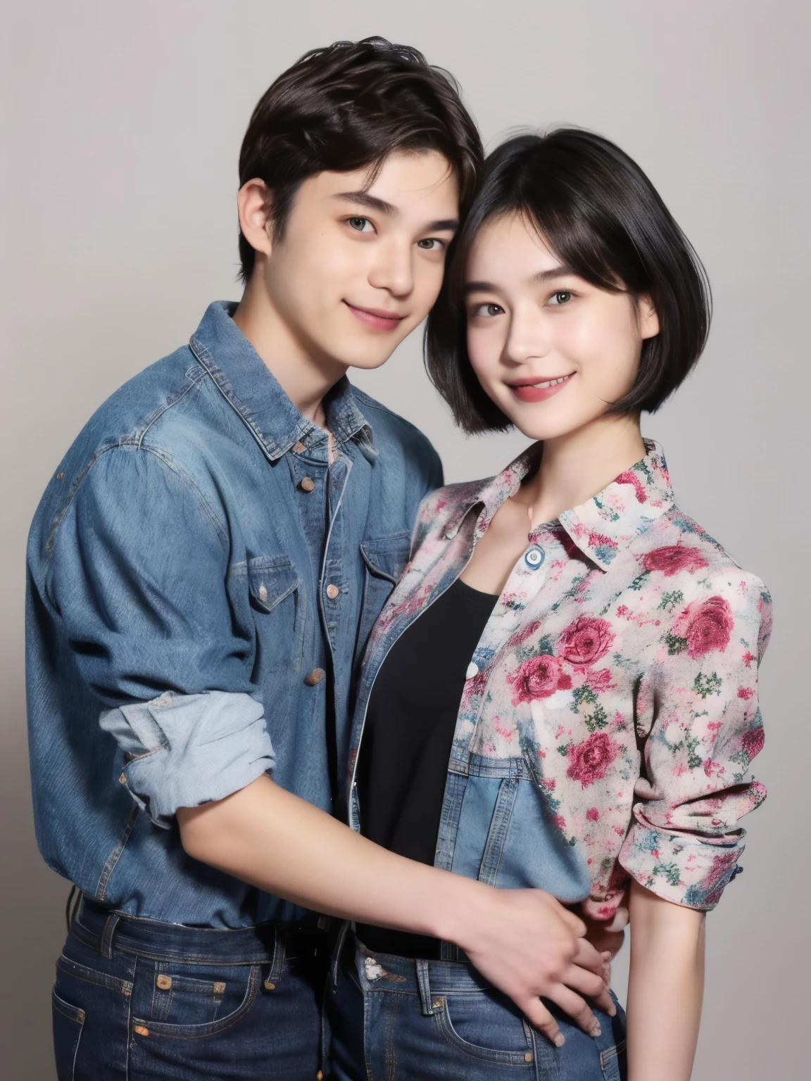 251 (An 18-year-old female and an 18-year-old male), (short hair),kind, lipstick, (jeans), (FloralＴshirt), smile
