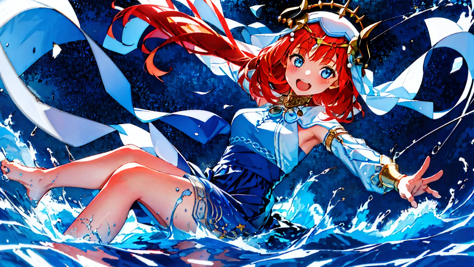 Extremely detailed representation，high quality，16K、8K、high resolution、masterpiece、1 Girl、Please open your mouth wide、Please laugh out loud、Beautiful Teeth,Look up at the starry sky,Floating on the surface of the water,Floating on water,stars shining on the water surface,Calm water surface,White Dress,Redhead,Two black horns