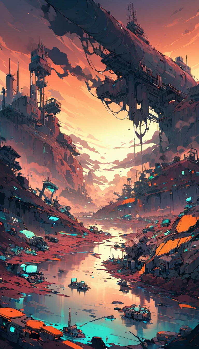 futuristic world, polluted world, robotic world, polluted water, polluted sky colors, industry, pollution, large landscape