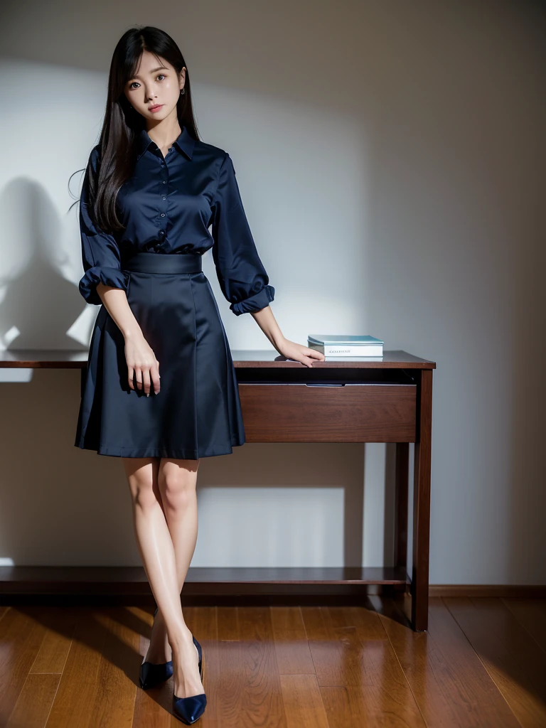 High heels、blouse、Navy blue mid-length skirt 、(Highest quality)、((Very detailed))、4K、(8K)、masterpiece、Very detailedな、Highest quality、Super Resolution、1 person、Kind Face、Soft Light、RAW quality、Soft Skin、163cm、White Room,30 years old、office