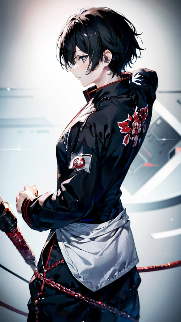 profile background, anime boy, serious face, black hair, grey eyes, martial arts clothing, high-res portrait, detailed eyes and face, character, fantasy, advanced urban, looking from behind at viewer, 4K, high resolution