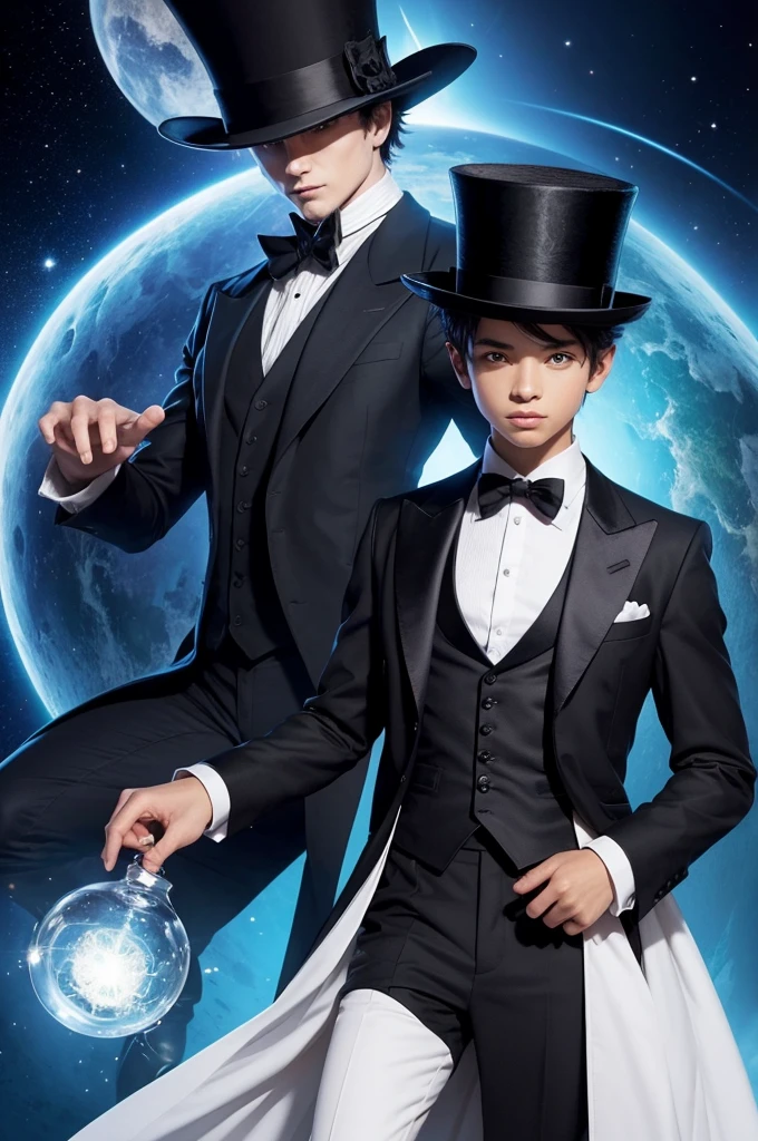 Create a faith the friend of the protagonists he is a creator of dimensions so he is a powerful entity he is a 10 year old  he has a top hat rich man&#39;s clothes white gloves rich man&#39;s clothes are black and a cane he will be on the beach near him there will be a sandcastle and he will see the stars