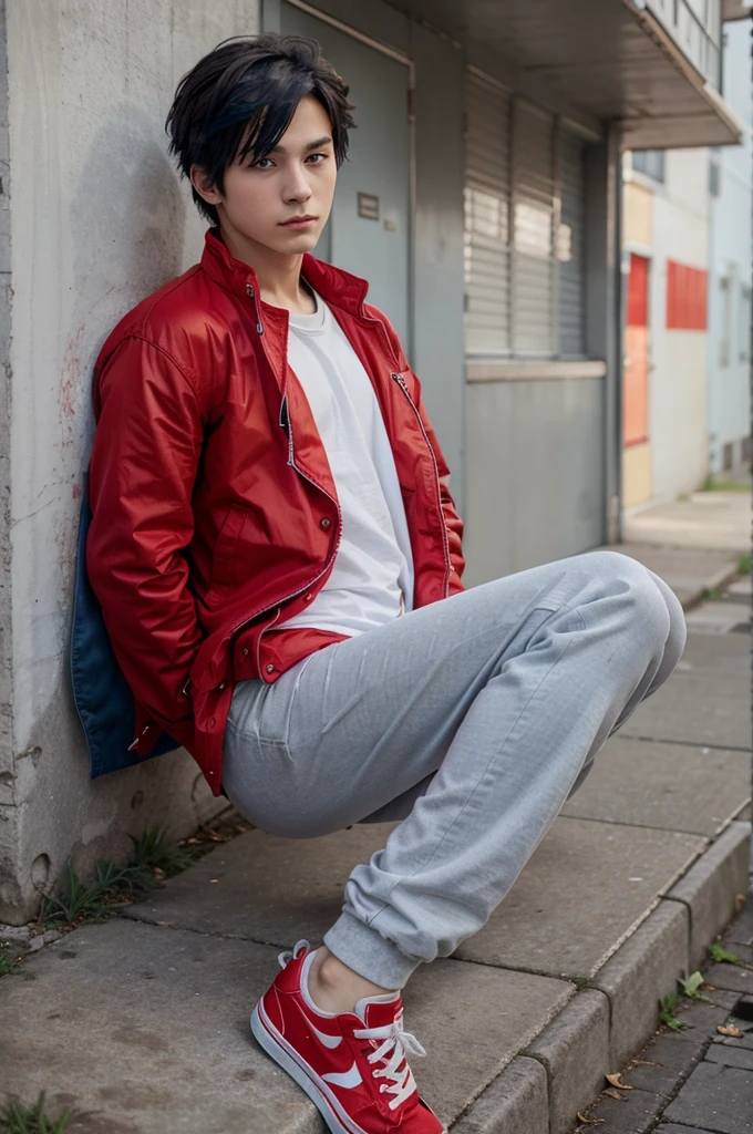 Anime boy wearing a red jacket, white underwear, blue eyes, gray pants, red and blue shoes