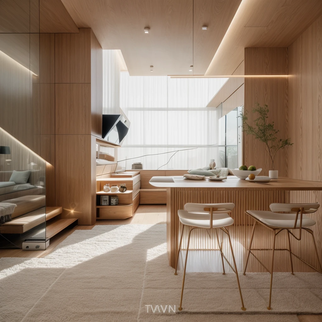 RAW photo, 8k uhd, dslr, soft lighting, high quality, film grain, Fujifilm XT3, interior of living room, modern style, sofa, chair, sheft, rug, carpet, tivi, tree, gate, daylight,