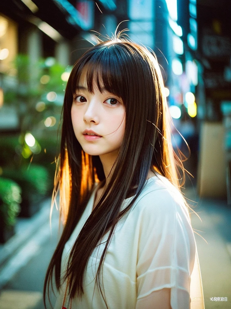 Japanese beautiful girl, Embarrassed look, figure, (Highest quality, Super detailed), front、Gentle lighting, Flowing Hair,one piece、 Delicate features, Dreamy atmosphere、Analog Film Photography、20-year-old、90'、Cyberpunk-style lo-fi animation、