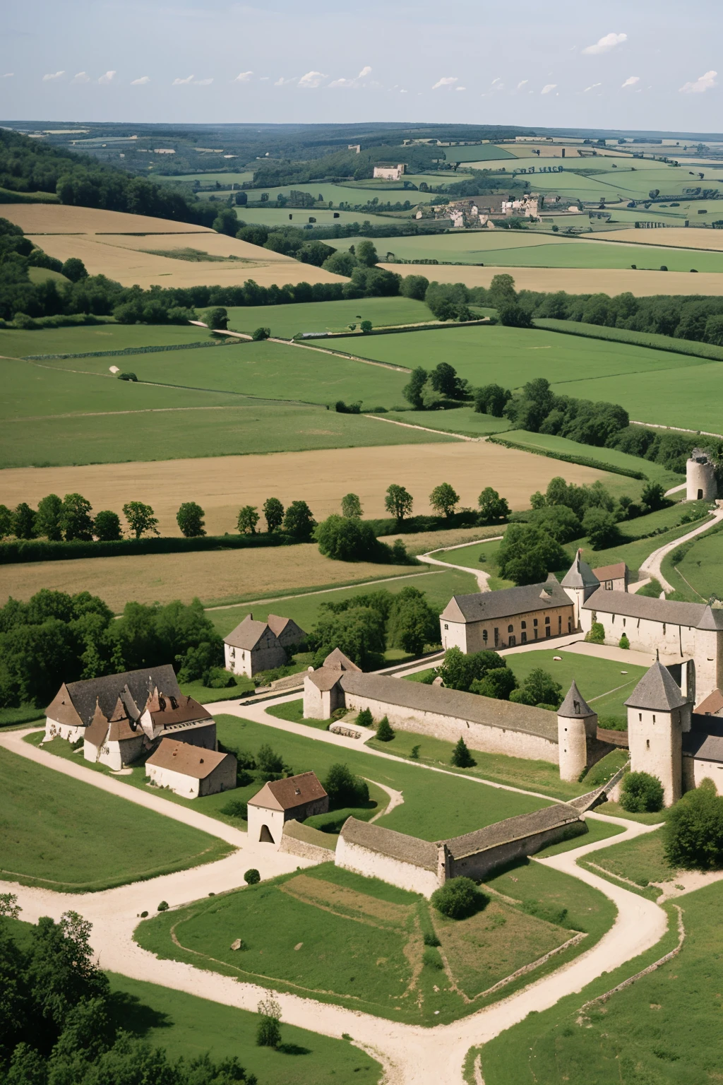 medieval landscape of a fief, with a castle of 5 towers, a drawbridge, a stream, the cultivated lands, a small monastery, a village of 200 people, the forest and a mill