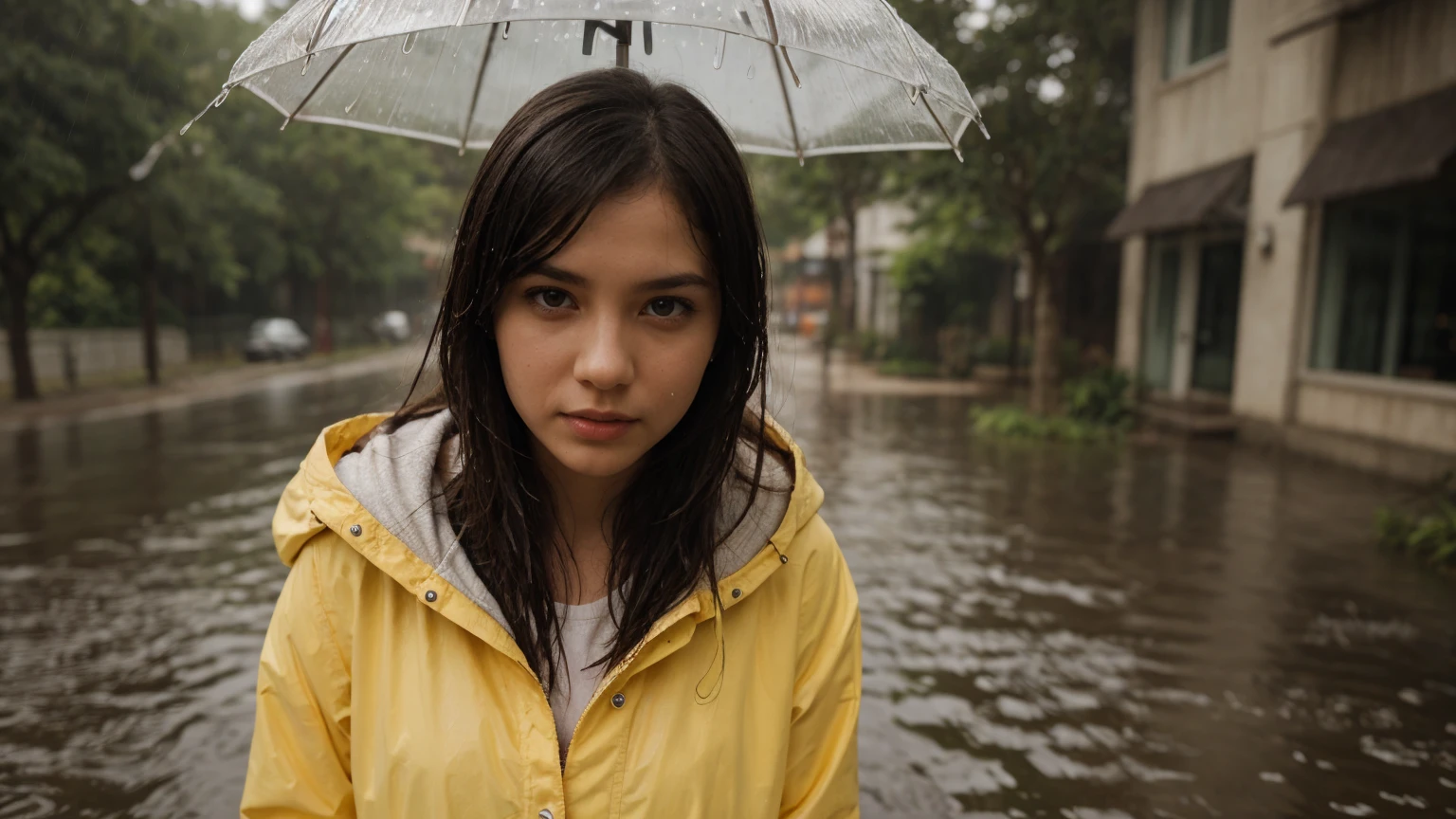 A high-detailed, ultra-quality illustration of a girl standing in the rain, wearing a vibrant yellow raincoat. The scene captures the intricate details of raindrops cascading around her, with the raincoat's texture and glossy surface meticulously rendered. The background features a soft, blurred effect, emphasizing the girl's serene expression and the reflective quality of the wet environment. The overall composition exudes a sense of calm and quiet beauty amidst the rainy setting.