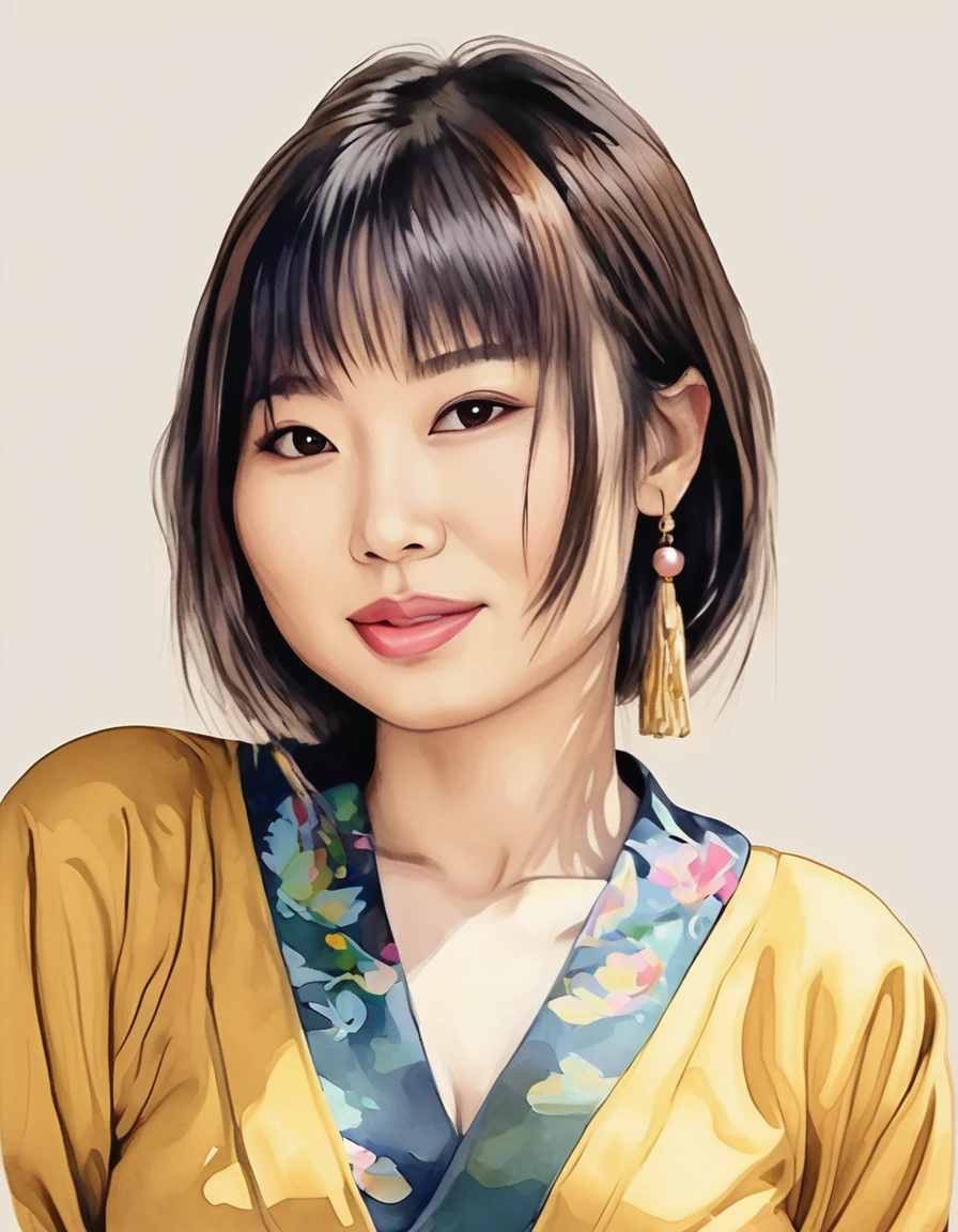 Japanese woman, watercolor pastels vector art Very beautiful woman, painting, thin lines ink contours, sketch, dress, body curves, movement, glamour, gold thick chocker in your neck, yellow with neckline dress, concept art, aesthetic, bohemian, juicy colors, beautiful face, plump lips, big eyes, thinnest waist, gorgeous figure, perfect female body, hyper-detailed.