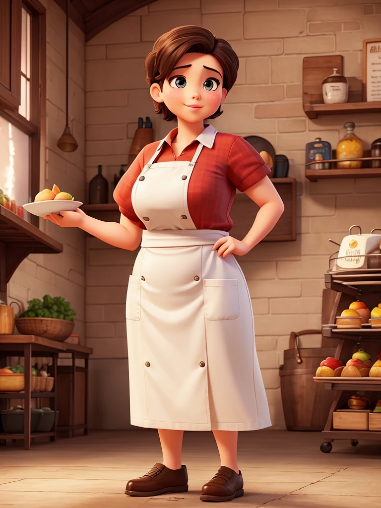 Stunning and hyper-realistic images showcase the menu design "And he said", The main focus is on a cheerful plump woman with short hair, combed neatly, wearing a chef's hat, give a thumbs up and make very realistic fun movements. ((Paket ini berisi mangkuk plastik transparan yang diisi dengan My ayam lezat. Chicken noodles contain small pieces of cooked meat. At the bottom you can see the vegetables, My, tomato slices, omelette. Each bowl is decorated with celery leaves. The bowl is placed on a white tray. The overall presentation should be lively and visually appealing)). The backdrop is a cozy kitchen with soft lighting, featuring fine kitchen equipment. The overall art style is bright, detailed and realistic, displays packaging and food with striking product textures.