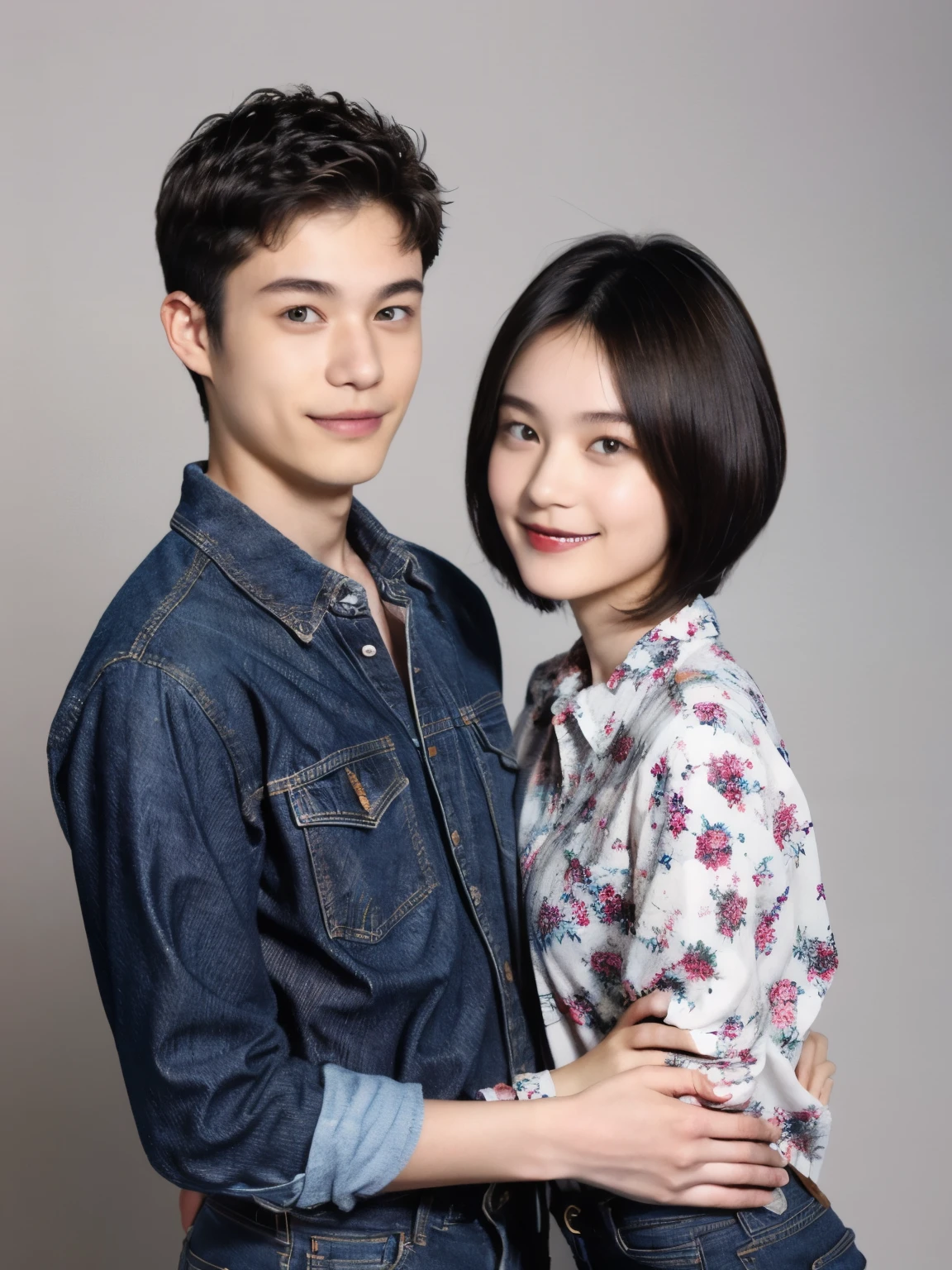 251 (An 18-year-old female and an 18-year-old male), (short hair),kind, lipstick, (jeans), (FloralTshirt), smile