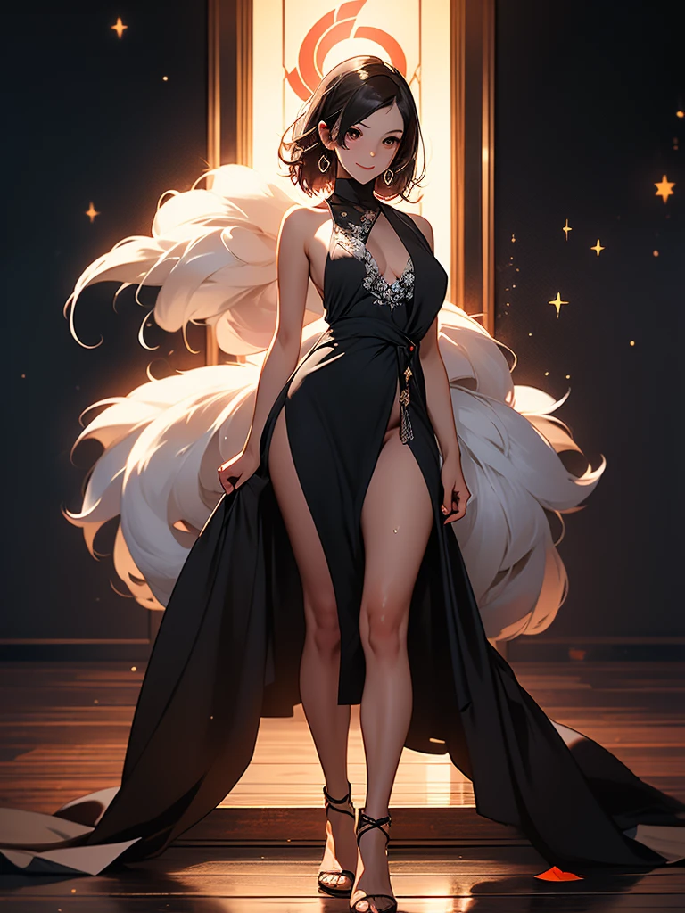 Full body image, african woman Naked, Detailed pussy, Standing pose, face Contempt, evil smile, white hair short, sweating, body a little fat, Hyper realistic night beach background, persona 5 niji style, Japanese writing on the edges with Shangri-La written on at the edges, Angle from bottom to top