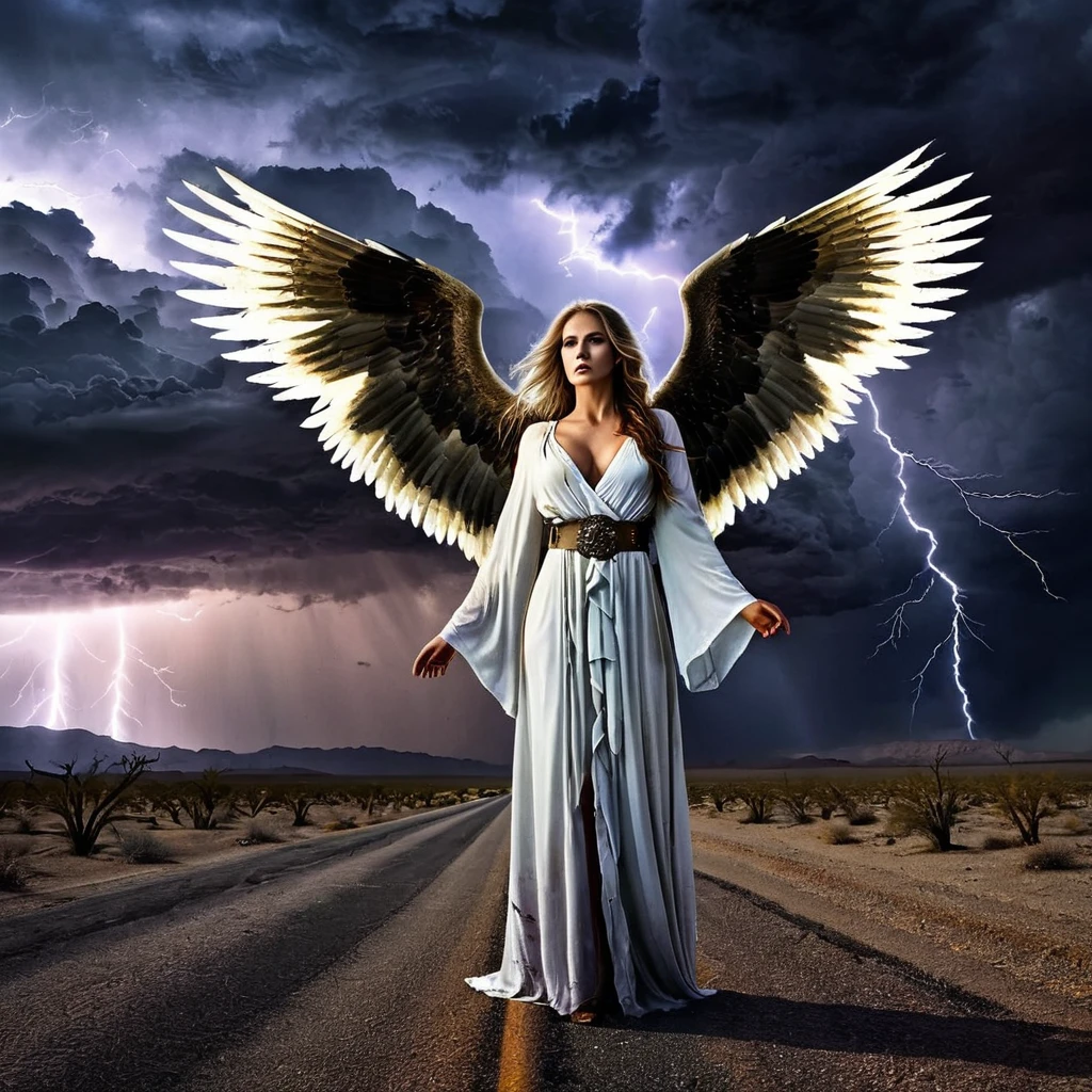 A haunting angel with decayed wings and tattered robes, standing in a dark desert with zombie storm clouds and eerie lightning.